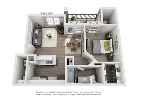 Floor plan for 1 bed, 1 bath, 659 sqft
